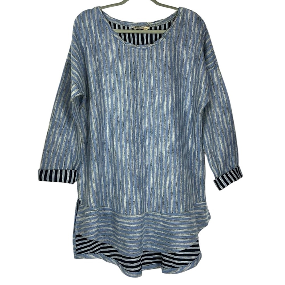NWT Soft Surroundings high/low dusty blue softened stripes tunic Sz L